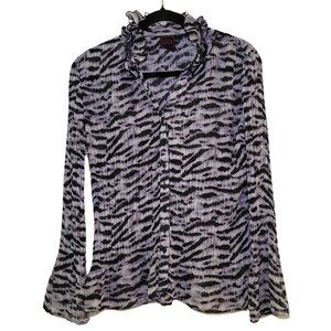 90s Style Pleated Animal Print Blouse, Bell Sleeves Peplum Ruffled Collar, Sz L